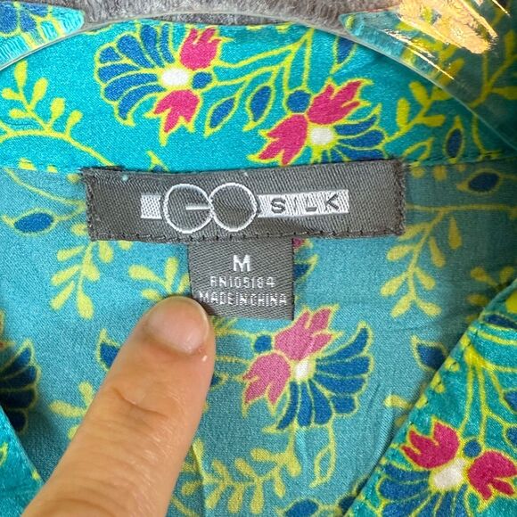 Go Silk Floral Paisley Tunic Top Button Shirt Colorful Hippie Boho 3/4 Sleeve M - Picture 5 of 11